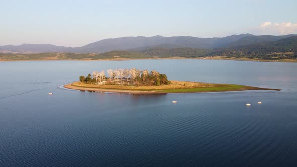 Aerial Panoramic View of Island on a Batak Reservoir Located in Bulgaria Rhodopa Mountains