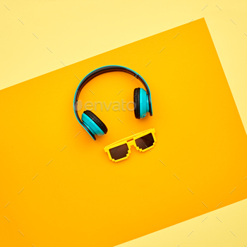 shion Sunglasses. Hipster DJ Accessories Set. Bright Art Creative Style. Sweet color. Top view