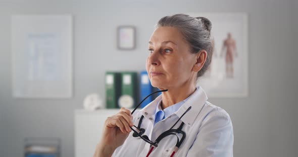 Portrait of Mature Woman Doctor Standing with Arms Crossed in Clinic Office