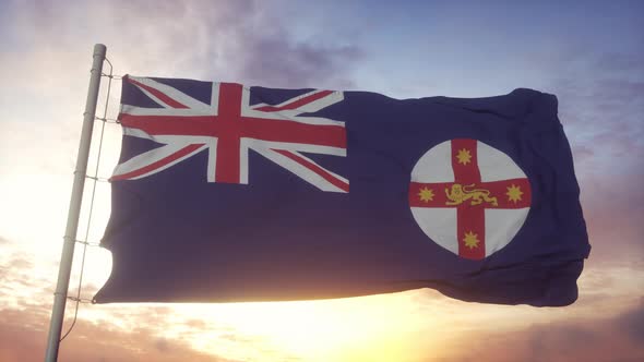 New South Wales State Flag Australia Waving in the Wind Sky and Sun Background