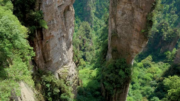 Pan Bottom Up High Rocky Stone Pillars Of Mountains In Forest Park Zhangjiajie