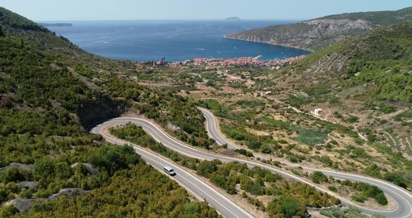 Aerial view of the winding roads to the town of Komiza