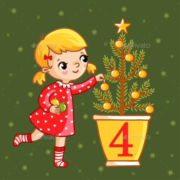 Girl Decorates a Christmas Tree
