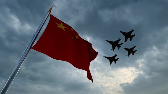 Waving Flag of the People's Republic of China and Warplanes in the Sky