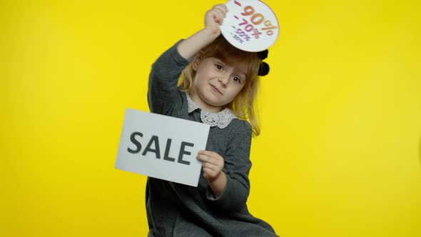 Child Girl Showing Sale Word and Discounts Advertisement Inscriptions Banners. Black Friday Concept