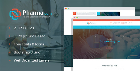 Pharma.com - Pharmaceuticals Company and Shop PSD Template