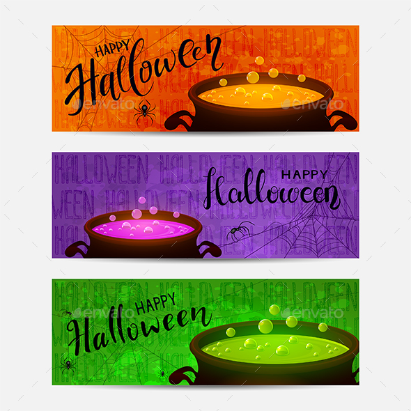 Set of Halloween Banners with Cauldrons and Potions