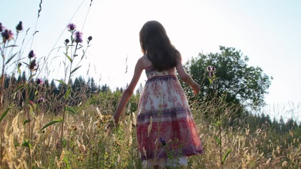 Little girl walking through summer field