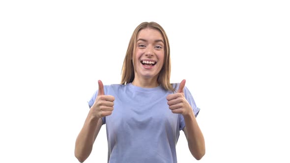 Slow Motion Happy Caucasian Young 25s Woman Appear Bottom Showing Thumbs Up Giving Approval Positive