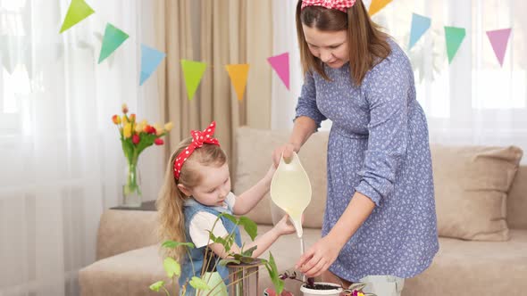 a Mother and Daughter Pour Water Into Glass Flasks for Germination of Plants