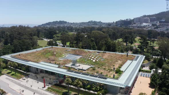 Close-up aerial panning shot of the Living Roof on top of the California Academy of Sciences museum