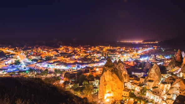 View of Goreme Village in Cappadocia at Night in Turkey