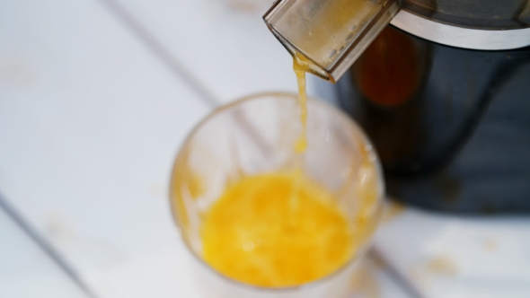 From the Juicer Flows Freshly Squeezed Orange Juice Into a Glass