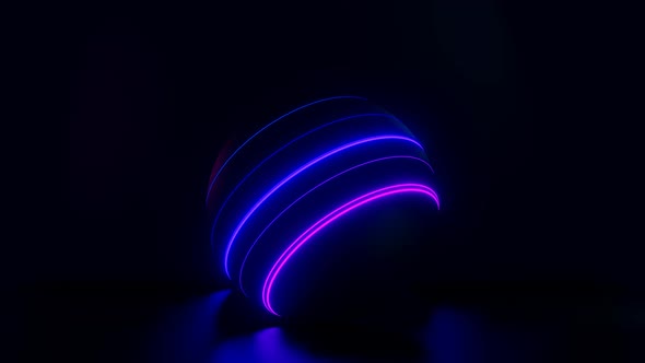 4K Looped Abstract Background of Black Sphere with Moving Neon Lines