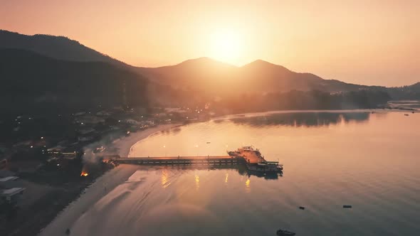 Aerial Slow Flight Over Evening Beach