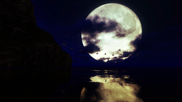 Flock of Swans Flying Over Water Against the Background of a Full Moon alt