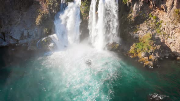 Top View of a High Waterfall Falling Into the Mediterranean Sea. Clean Ecology 