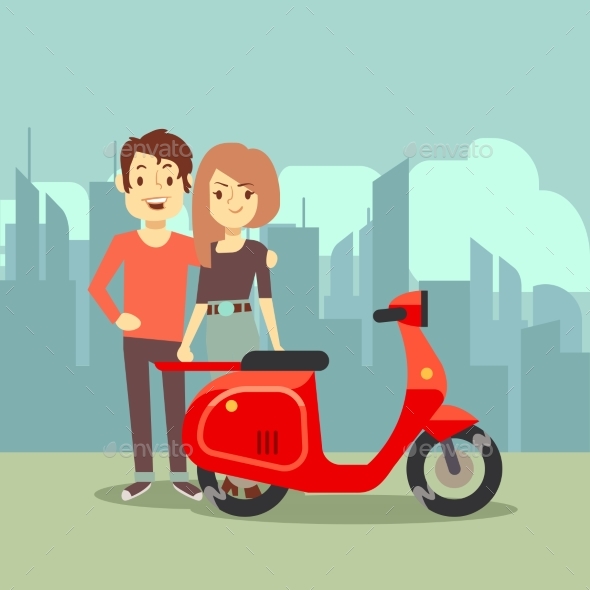 Cartoon Young Lovers and Bike on City