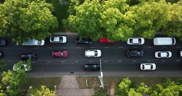 Aerial Top Down View of Freeway Busy City Rush Hour Heavy Traffic Jam Highway