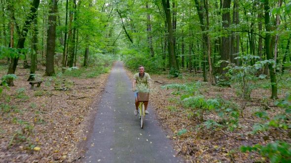 Man with a Child Riding a Bicycle in the Forest, in the Summer, the Child Is Sitting in a Special