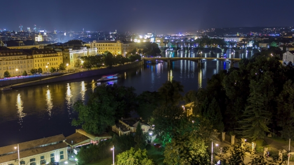 Scenic View of Bridges on the Vltava River Night