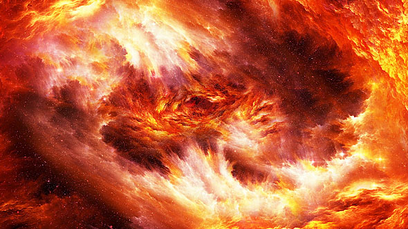 Travel Through Abstract Yellow-Red Tunnel of the Nebula in Space