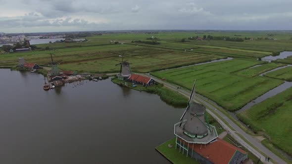 Windmills and Fields in Dutch Village, Aerial View