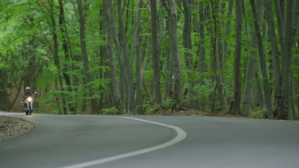 Riding a motorcycle through forest