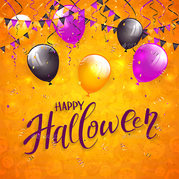 Orange Halloween Background with Pennants and Balloons
