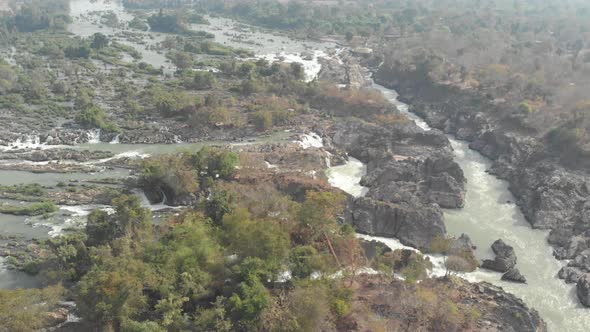 Aerial: flying over Don Det and the 4000 islands Mekong River in Laos