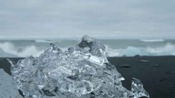 Ice on the Black Volcanic Sand Beach Iceland