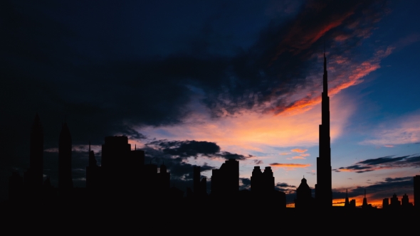 Dubai Cityscape Silhouette on Sunset