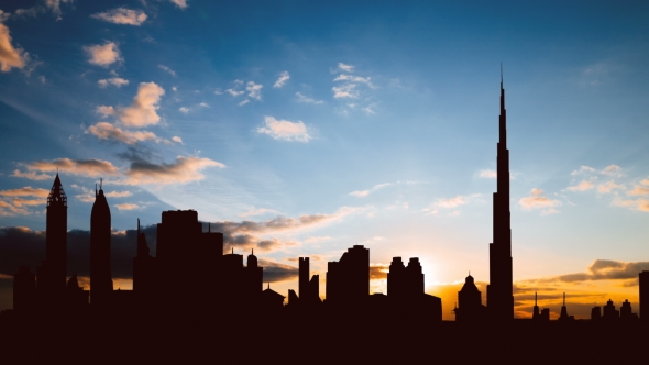 Dubai Cityscape Silhouette on Sunset 