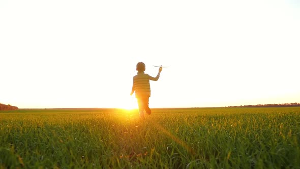 A Child Runs Across the Green Grass in the Field Towards the Sun, A Little Boy Plays with a Toy