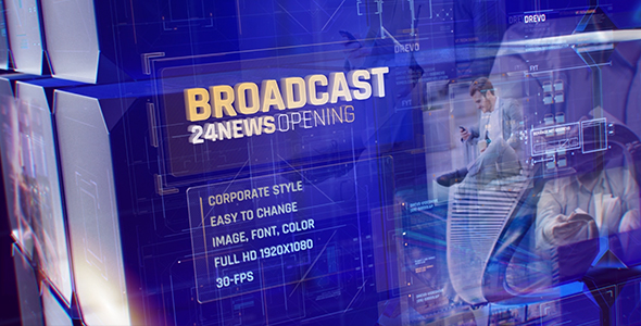 Broadcast 24 News Opening Id/ Business and Corporate Meeting/ Glass Cube Intro/ HUD UI Breaking News