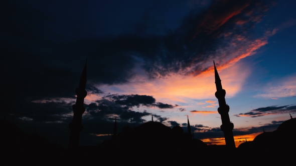 Famous Sultanahmet or Blue Mosque in Istanbul Cityscape at Sunset, Turkey