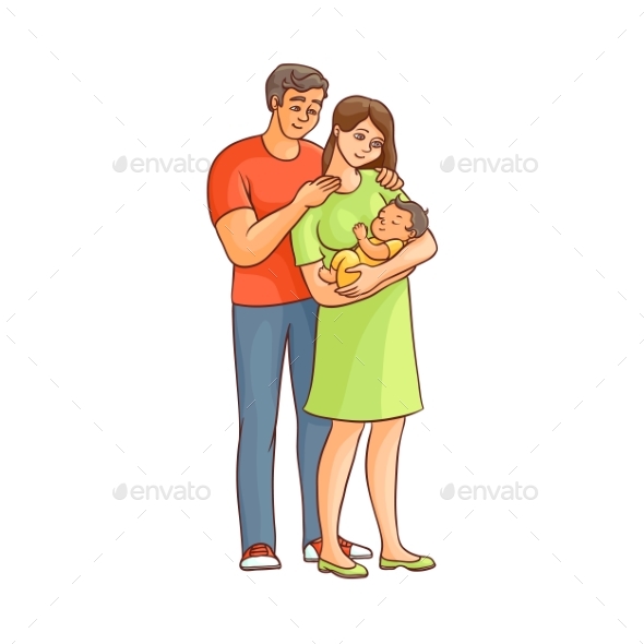 Cartoon Adult Couple and Infant