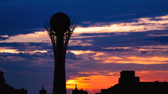 Silhouette Bayterek Tower in Astana Capital of Kazakhstan on Beautiful Sunset