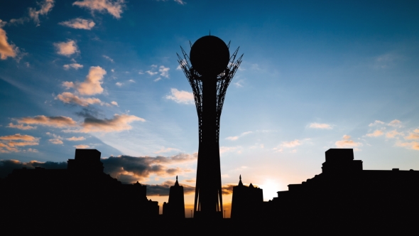 Silhouette Bayterek Tower in Astana Capital of Kazakhstan on Beautiful Sunset