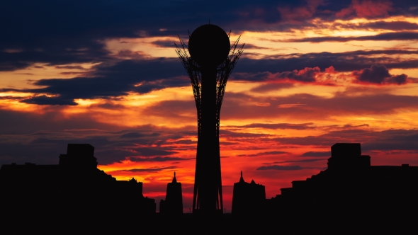 Silhouette Bayterek Tower in Astana Capital of Kazakhstan on Beautiful Sunset