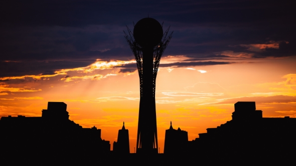 Silhouette Bayterek Tower in Astana Capital of Kazakhstan on Beautiful Sunset