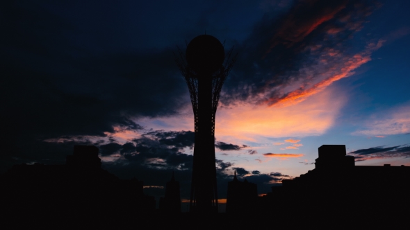 Silhouette Bayterek Tower in Astana Capital of Kazakhstan on Beautiful Sunset