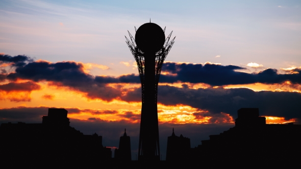 Silhouette Bayterek Tower in Astana Capital of Kazakhstan on Beautiful Sunset