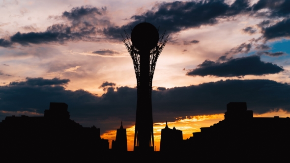 Silhouette Bayterek Tower in Astana Capital of Kazakhstan on Beautiful Sunset