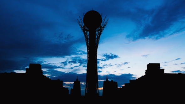 Silhouette Bayterek Tower in Astana Capital of Kazakhstan on Beautiful Sunset