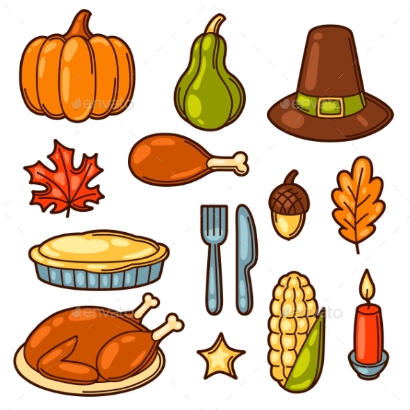 Set of Happy Thanksgiving Day Holiday Objects