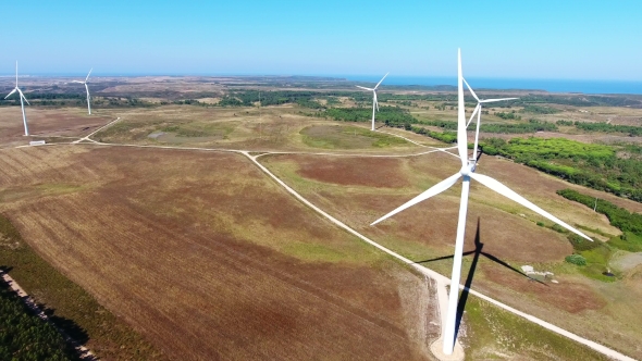 Aerial. Video Shooting Flight Over Wind Generators at Costa Vicentina. Sagres