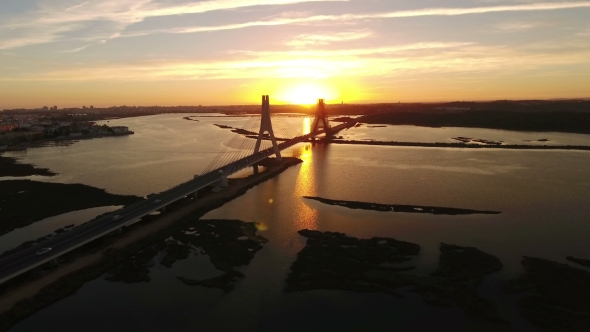 Aerial. Video Shooting Flight Over Bridge and Arade River. Portimao