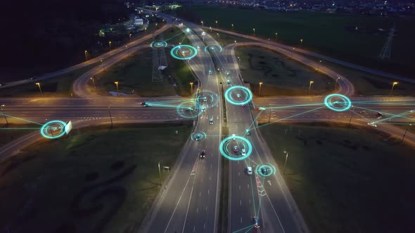 Aerial view of smart cars with automatic sensor driving on highway with wireless connection.