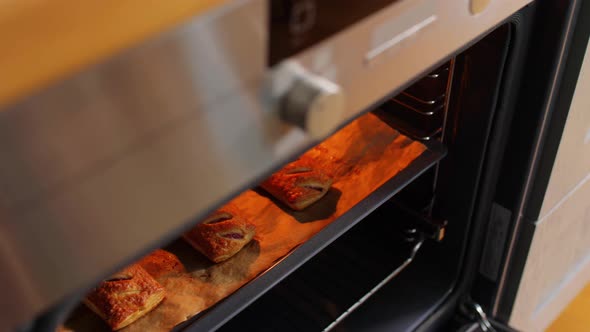 Woman Cooking Food in Oven at Home Kitchen